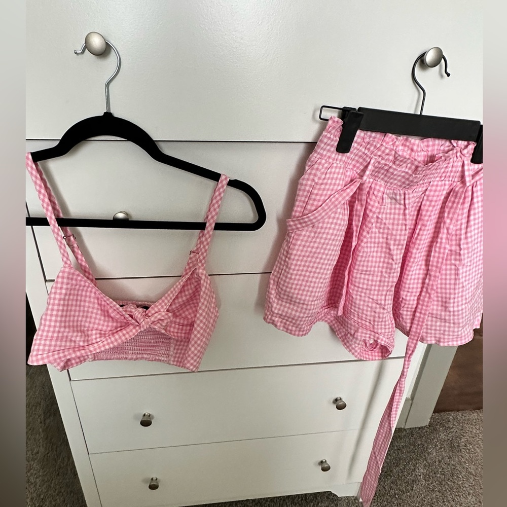 Barbie inspired pink and white gingham two-piece short setcropped top and shorts